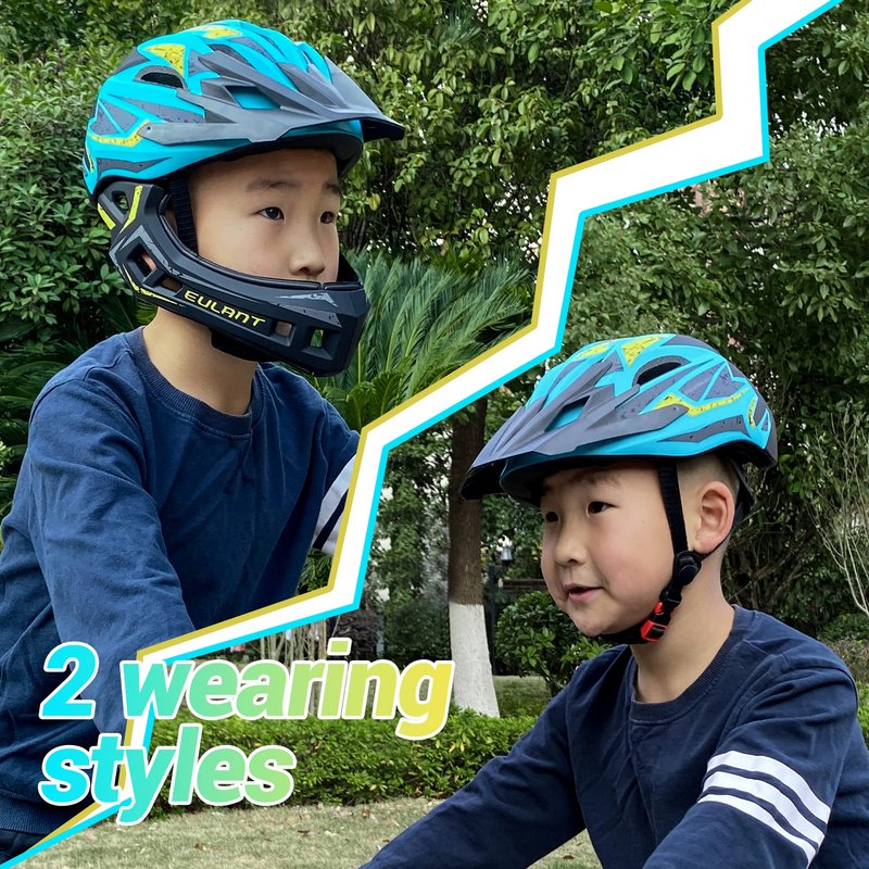 EULANT Children’s Full Face Helmet with Chin Guard, Bicycle Helmet for Girls and Boys Aged 6 Years, Fits Head Size 48-56 cm (Blue and Yellow, Small=48-53cm/18.9-20.9inch)