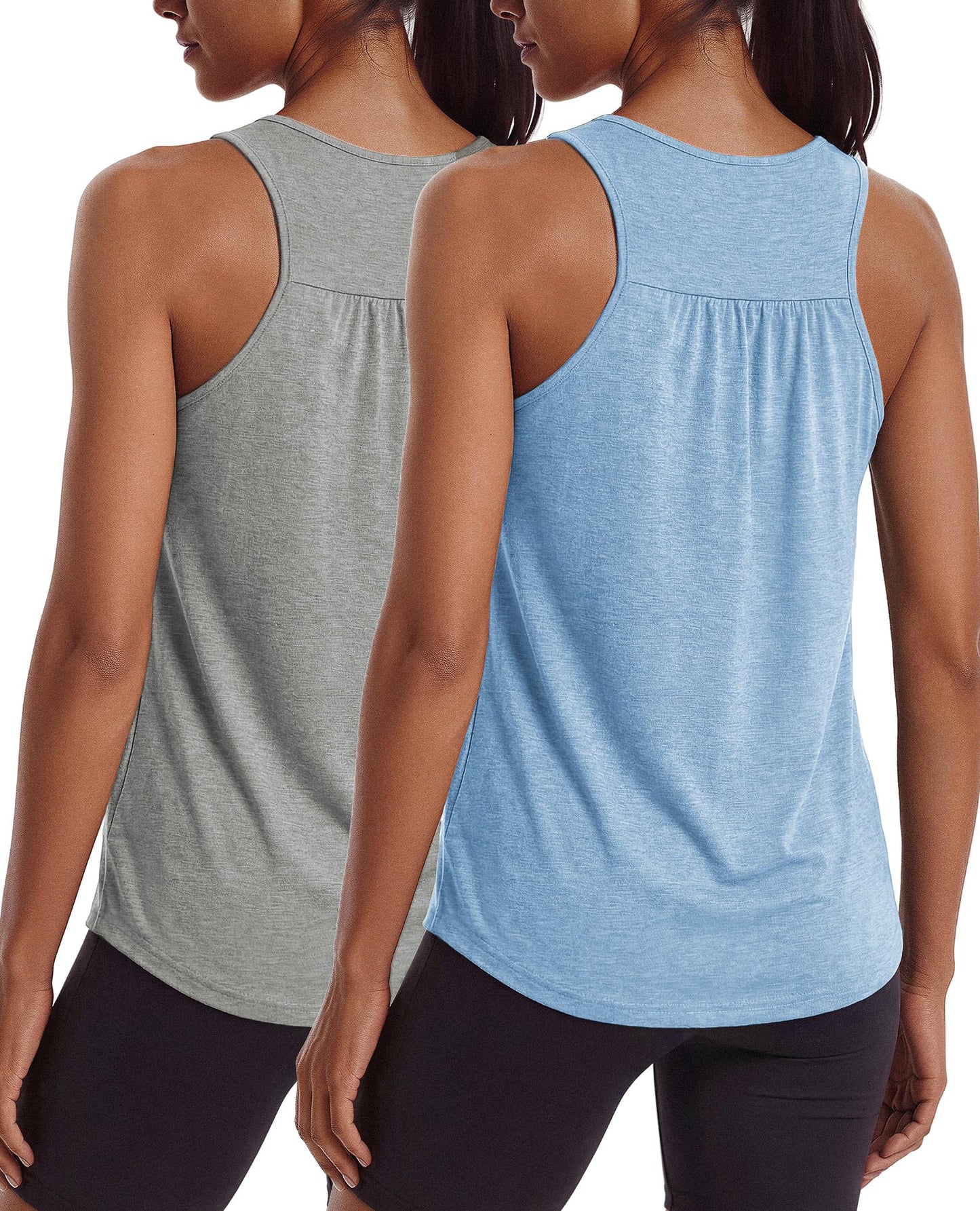 PINSPARK Tank Top for Women Sleeveless Athletic Workout Tops Moisture Wicking Yoga Pilates Gym Shirts Soft Tennis Running Tanks,Light Grey/Light Blue XL