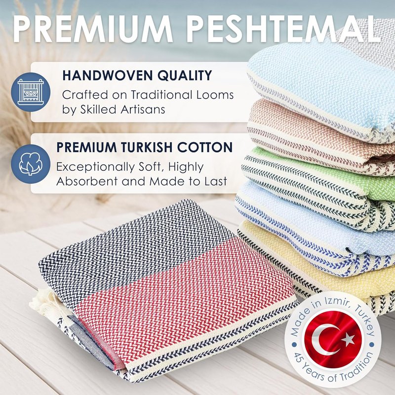 ATANI Turkish Beach Towel - Oversized 100% Cotton Quick-Dry Travel Blanket | 71x39 Inches, Red & Navy Blue