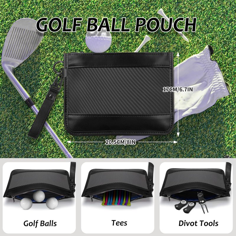 T-carbon Carbon Fiber & Leather Golf Ball Pouch Tee Holder – Golf Accessories Bag with Carabiner Clip, Holds Balls, Tees, Phone & Wallet – Gifts for Golfers Men Women, Black
