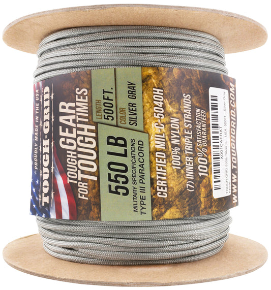 TOUGH-GRID Premium 550 Paracord/Parachute Cord - 100% Nylon Mil-Spec Type III Paracord Rope Used by The US Military, Great for Bracelets and Lanyards, Tactical Paracord 500Ft. - Silver Gray