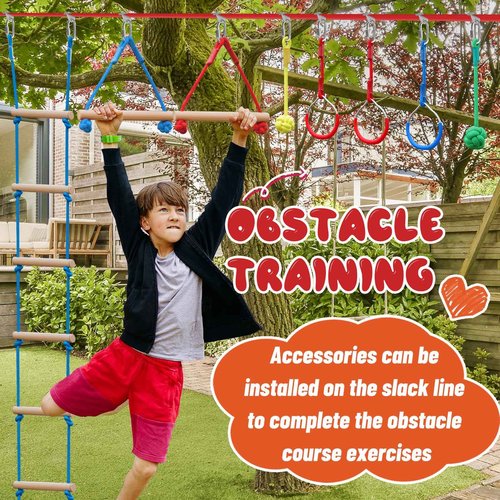 Ninja Warrior Obstacle Course for Kids，60ft Ninja Slackline-with 8 Pcs Accessories,Tree Protector & Carry Bag Ninja Course for Kids Outside-Backyard Zip Line for Kids