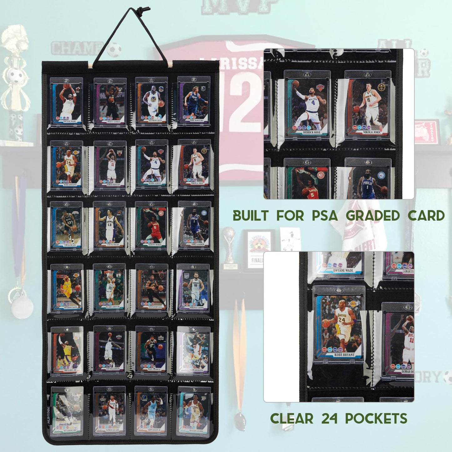 HUHYNN Trading Card Display, Hanging Organizer for Baseball Basketball Football Trading Cards, Graded Sports Card Display for PSA CGC BGS SGC Slabs(24 Slots-Black)