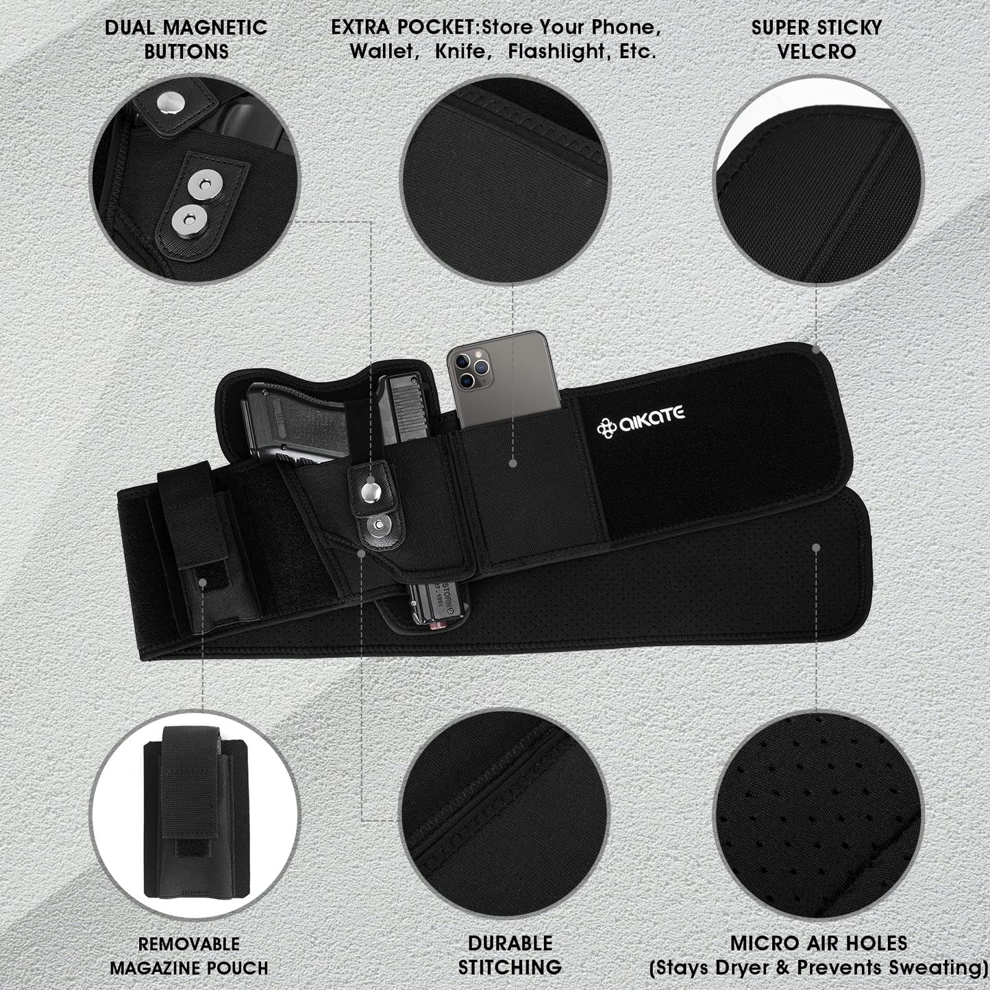 AIKATE Upgraded Belly Band Holster for Concealed Carry, Deep Concealment Gun Holster for Men, Waistband Holsters Fits for Glock 19, 17, M&P Shield 9MM Most Pistols (Fits Belly Up to 45", Left)