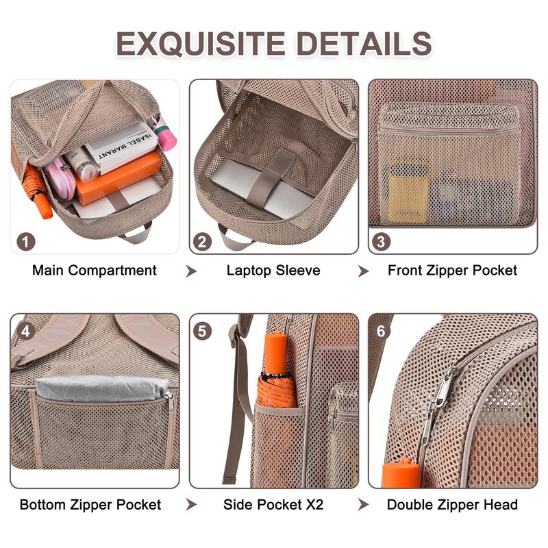 Oraben Heavy Duty Mesh Pack With Rain Cover See Through Backpack Mesh Backpack Bookbag Ideal for Class, Work, Travel, Beach Outings (Khaki)