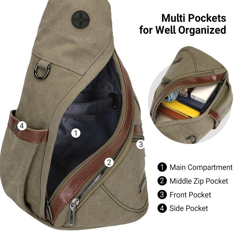 WITZMAN Canvas Sling Bag for Men Women Convertible Sling Backpack Crossbody Vintage Chest Bag Travel Casual Daypack（A8003 Army Green）