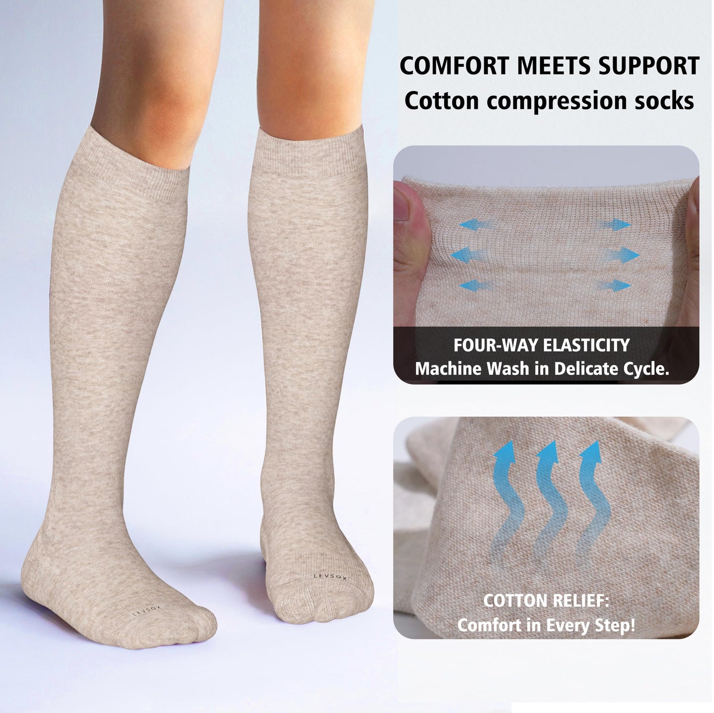 LEVSOX Cotton Compression Socks for Women&Men 20-30 mmHg Knee High Extra Thick Graduated Support Sock for Nurses, Pregnant Women, Travel and Flight, 2 Pairs, Grey, Beige