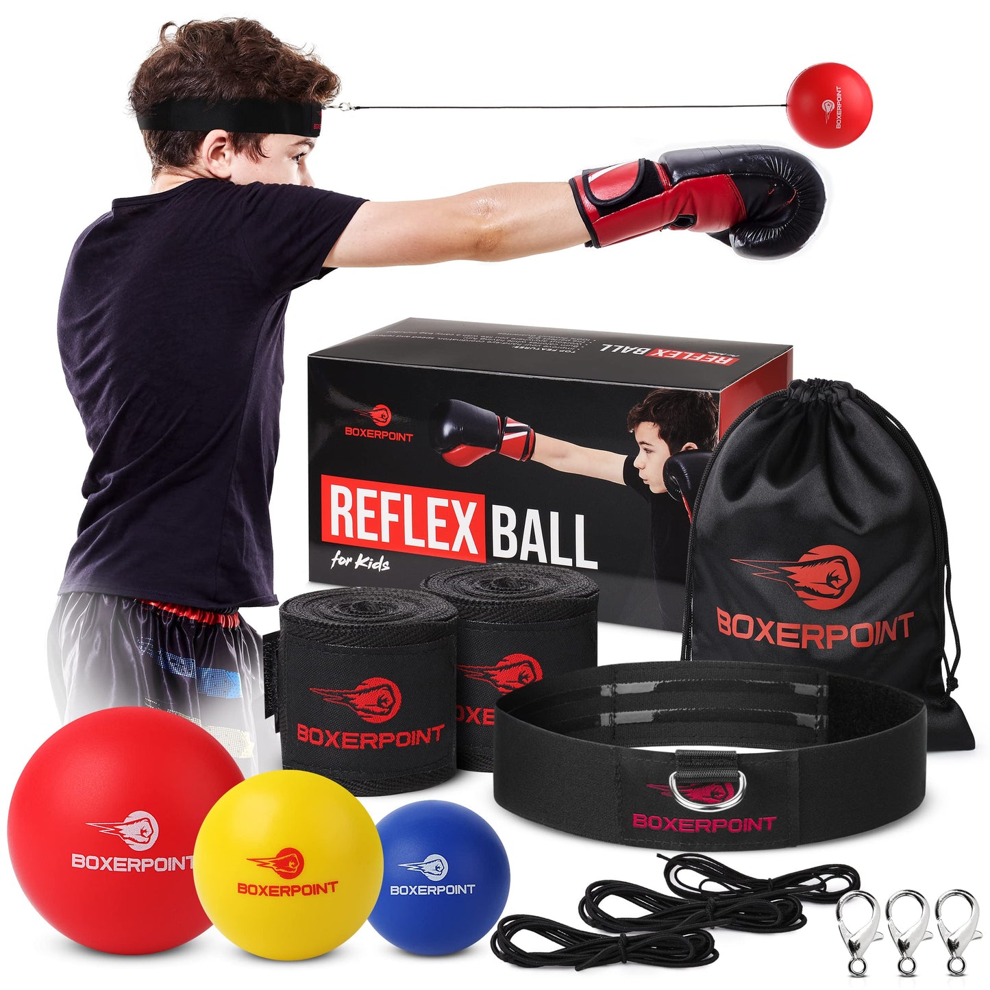 Boxerpoint Kids Boxing Reflex Ball – Boxing Ball Headband Boxing Games with 3 Skill Levels & Included Kids Boxing Wraps – Hand Eye Coordination Training Boxing Equipment for Kids (Kids)