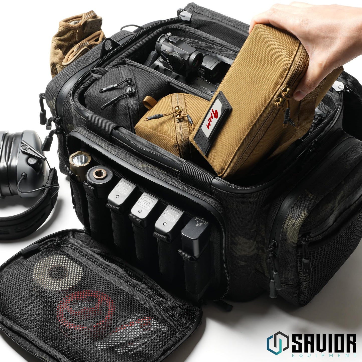 Savior Equipment Utility Pouch Ammo Storage Organizer Range Gear Accessories w/ 4 Writable ID Patches, Opens As a Tray, Semi-Hard Shell, 2-Pack (Black/Green)