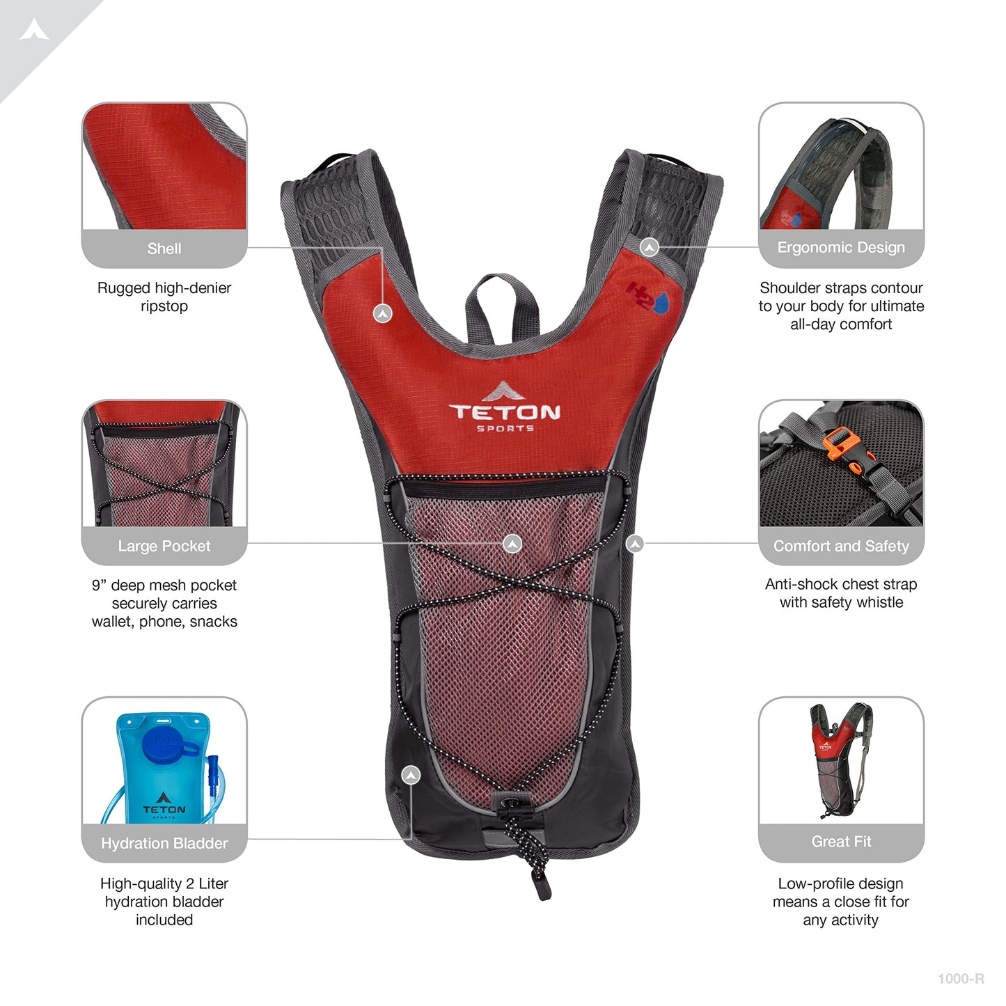 TETON Sports TrailRunner 2 Hydration Pack; 2-Liter Hydration Backpack with Water Bladder; for Backpacking, Hiking, Running, Cycling, and Climbing (Red)