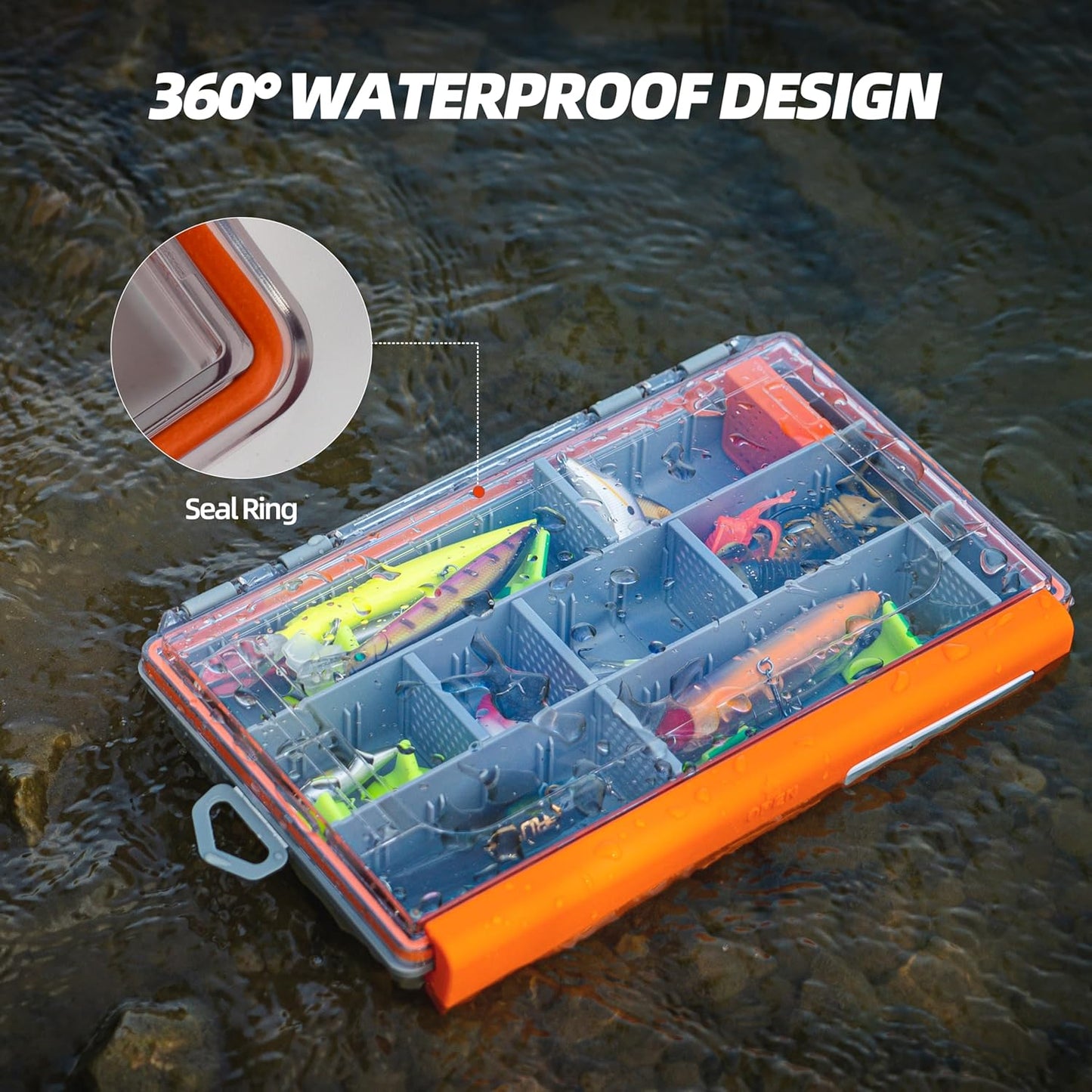 RUNCL Fishing Tackle Box - 360° Waterproof Organizer with Adjustable Dividers | 3600 Size, Orange, 1 Pack