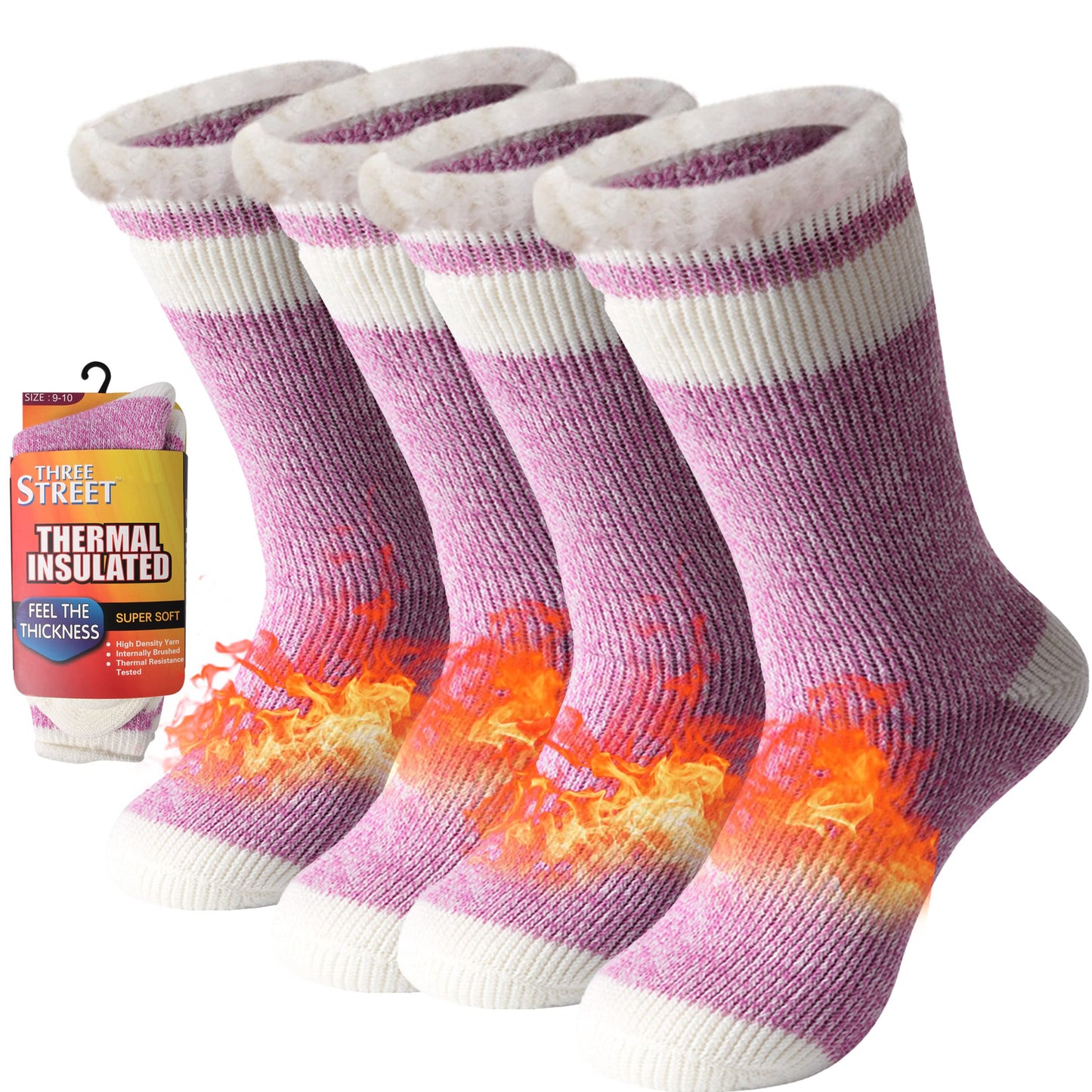 Warm Thermal Socks, Three street Unisex Winter Fur Lined Boot Thick Insulated Heated Socks For Cold Weather - pink - Medium