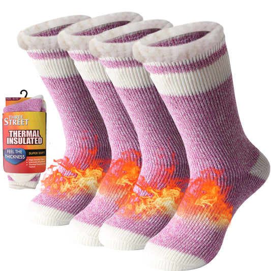 Warm Thermal Socks, Three street Unisex Winter Fur Lined Boot Thick Insulated Heated Socks For Cold Weather - pink - Medium