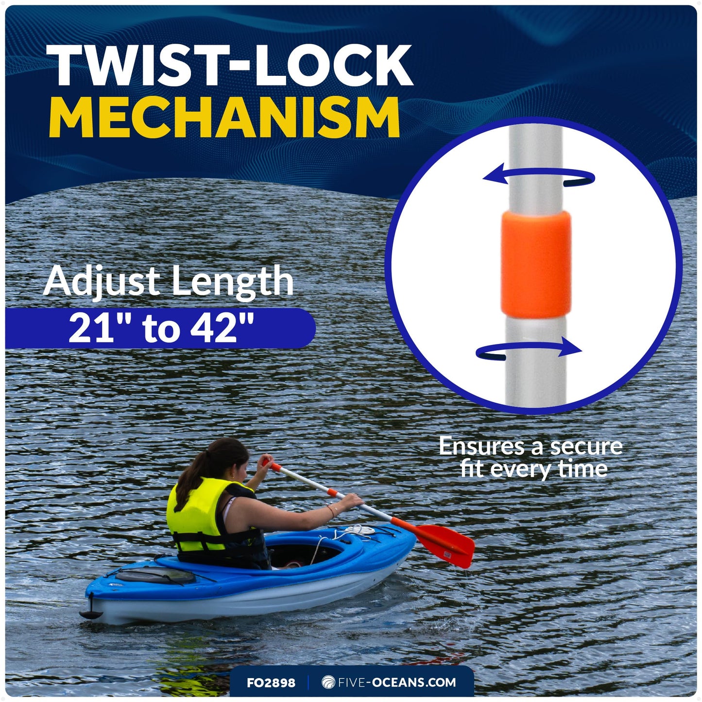 Five Oceans Boat Paddle, Emergency Paddle -Telescoping Paddle, Boat Paddles, Floating Orange Paddle, Extends from 21" to 42", Compact Design for Easy Storage, Strong Anodized Aluminum Shaft - FO2898