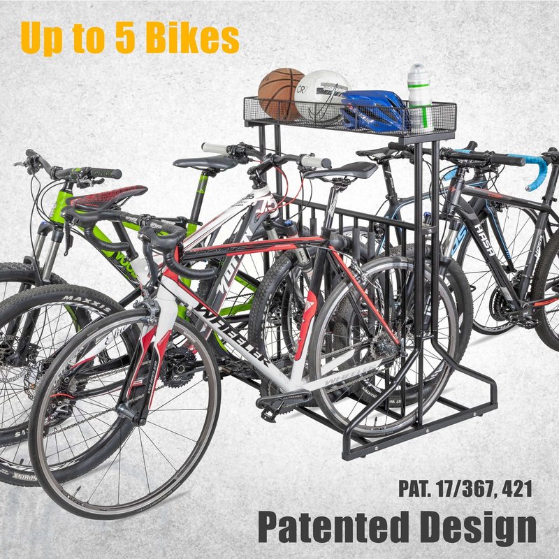 CyclingDeal 3 to 5 Bike Floor Parking Rack with Storage Basket - for Storing 20"-29" MTB Road Hybrid Kids Bikes - Bicycle Storage in Garage at Home