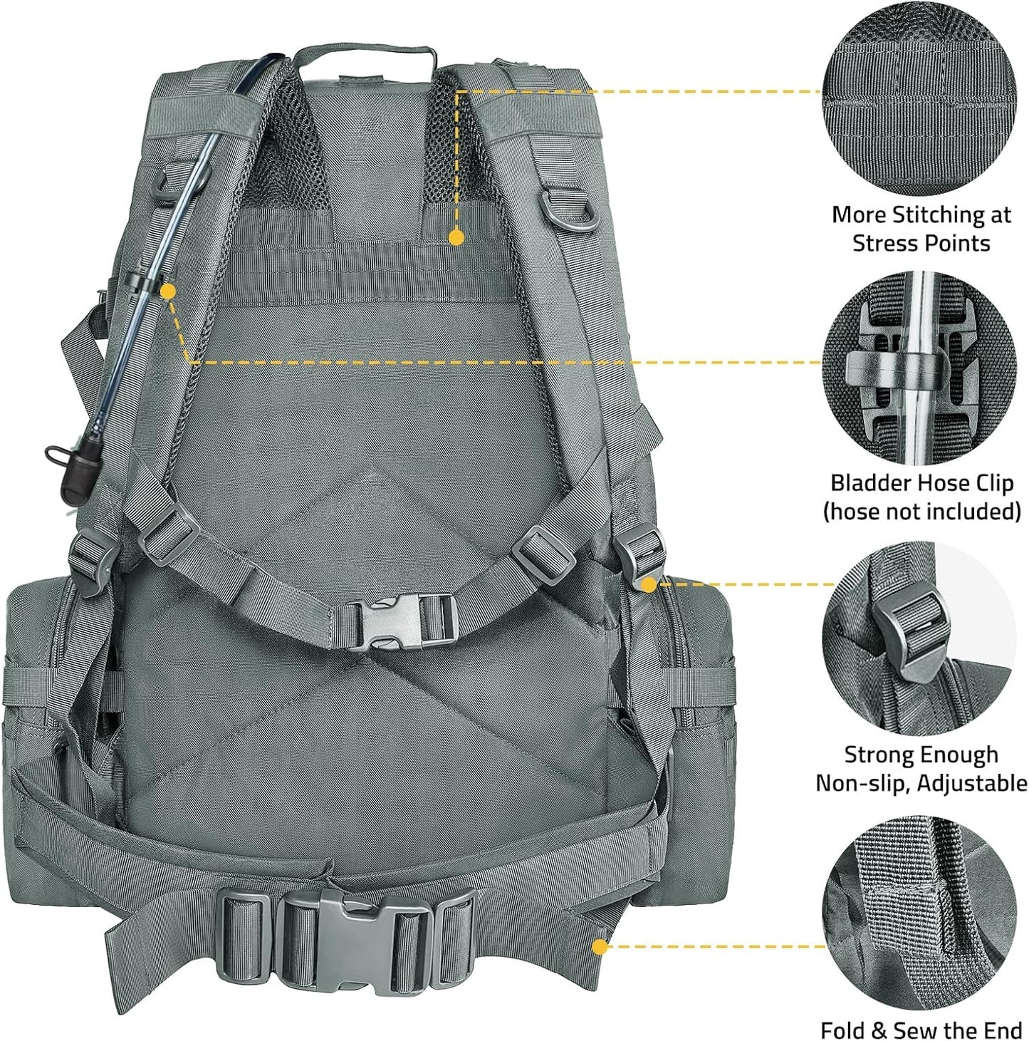 Tactical Backpack - 60L Military Army Rucksack with Detachable Molle System | Grey