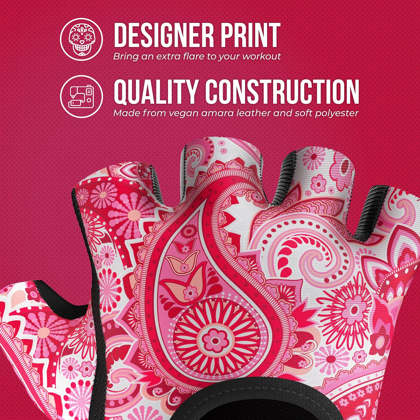 Contraband Pink Label 5387 Womens Design Series Paisley Print Lifting & Rowing Gloves (Pair) - Lightweight Vegan Medium Padded Microfiber Amara Leather w/Griplock Silicone (Pink, Large)