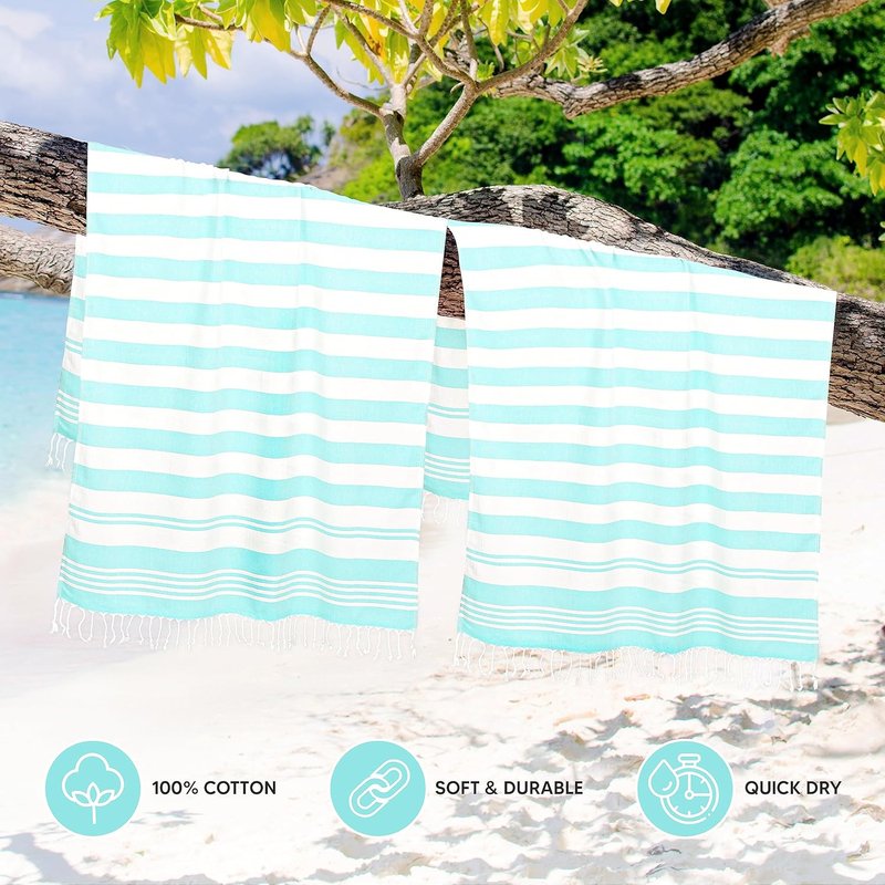 Turkish Beach Towels - Oversized 100% Cotton 4-Pack | Lightweight, Quick-Dry & Sand-Free (40 x 72 Inches - Aqua)