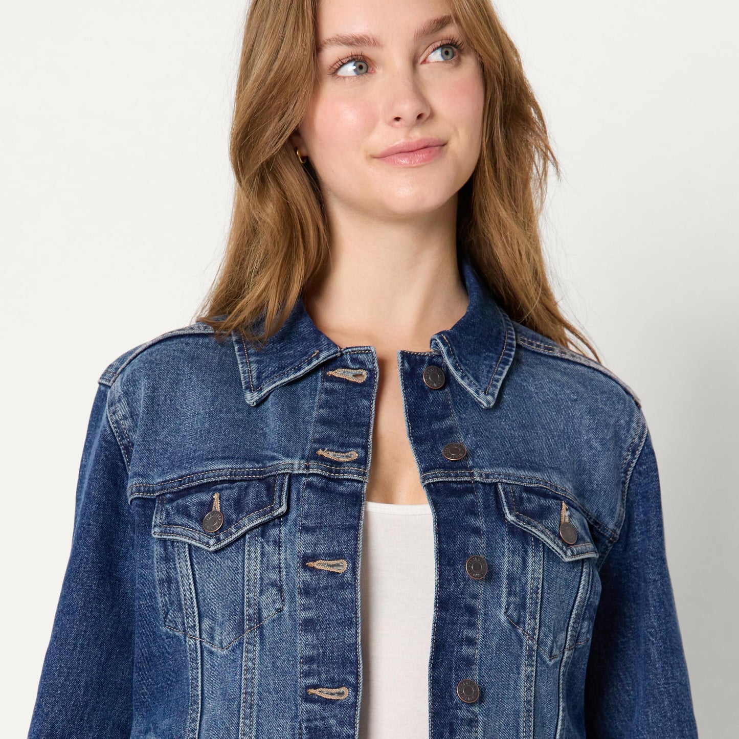 Amazon Essentials Women's Oversized-Fit Rigid Denim Trucker Jacket, Stone Dark Wash, Large