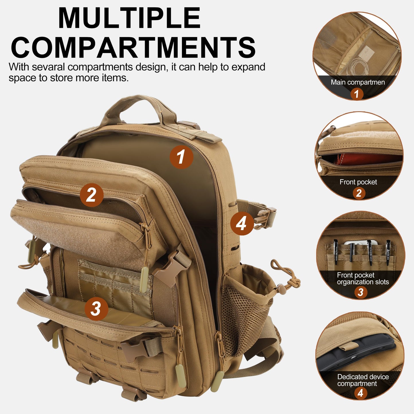 LHI Tactical Military Backpack for Men 25L Small Molle Army Assault Pack 3 Day Hiking Rucksack With Bottle Holder