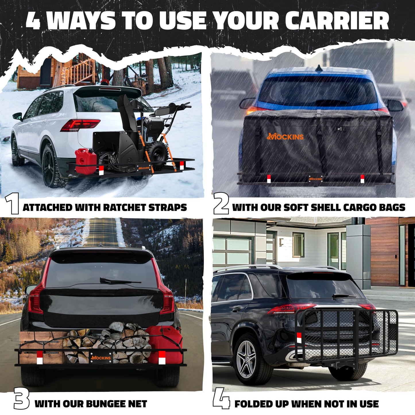 Mockins 60x20x6 Folding Cargo Carrier Hitch Mount Steel Rack 500lb Cap & 16 Cu Ft Soft Shell Waterproof Cargo Bag | Tow Hitch Cargo Basket, Hitch Tightener & Accessories |2" Receiver Cargo Trailer