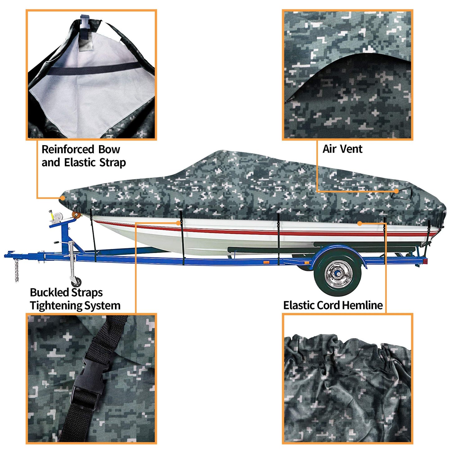 iCOVER Trailerable Boat Cover- 14'-16' 800D Water Proof Heavy Duty, Fits V-Hull, Fish&Ski, Pro-Style, Fishing, Utiltiy, Runabout, Bass Boats, up to 14ft-16ft Long and 68" Wide
