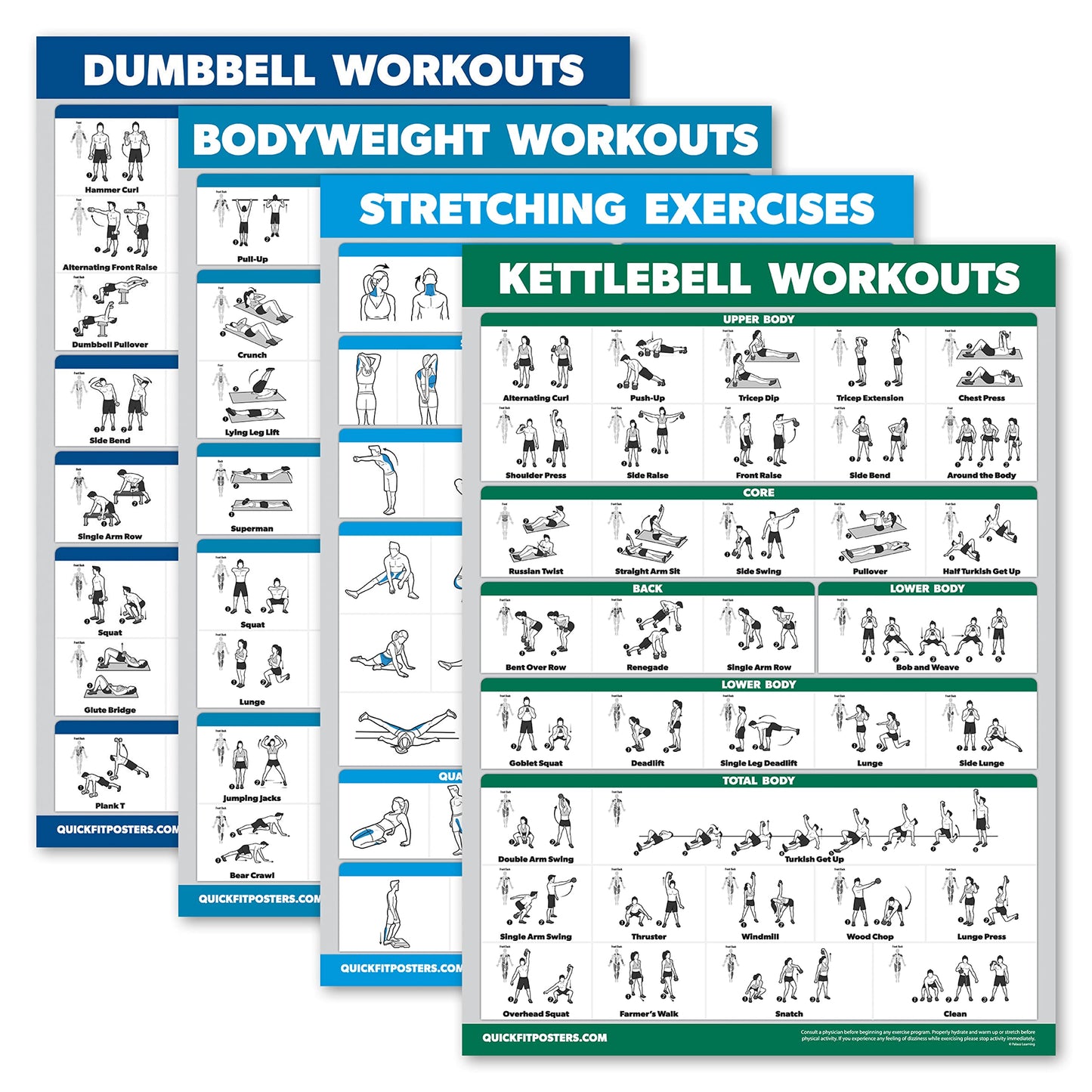 Palace Learning 4 Pack - Dumbbell Workouts + Bodyweight Workouts + Stretching Exercises + Kettlebell - Set of 4 Workout Charts (18” x 24”, LAMINATED WITH PLASTIC FRAME)