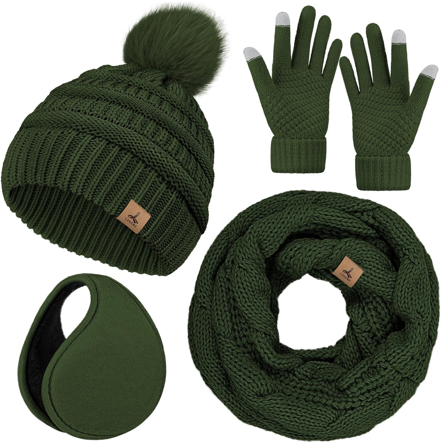4 PCS White Variegated Winter Accessories for Women, Knit Beanie with Pom Poms Scarf Touch Screen Golves and Ear Warmer