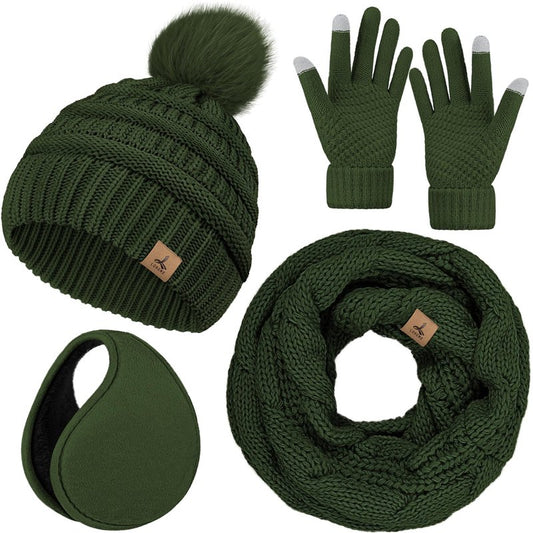 4 PCS White Variegated Winter Accessories for Women, Knit Beanie with Pom Poms Scarf Touch Screen Golves and Ear Warmer