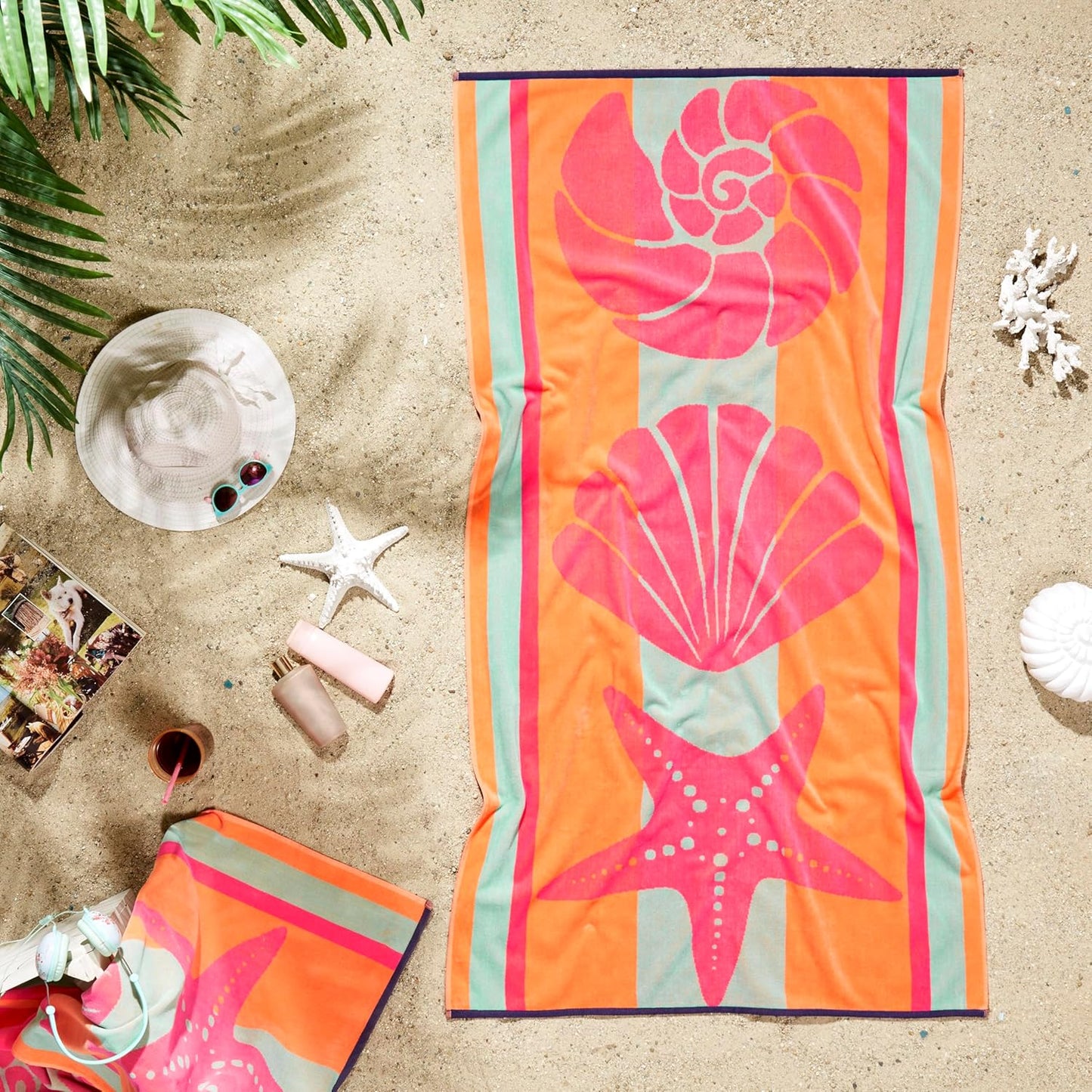 Ozdilek Luxury Turkish Cotton Beach Towel | Oversized Quick-Dry Velour, Sunset Seashell Design, Eco-Friendly 34x64