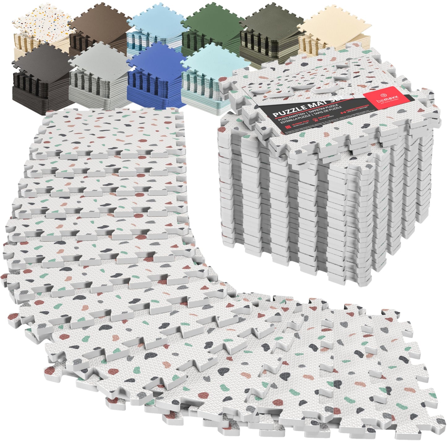 bemaxx Gym Mats Set - 18 pcs EVA Interlocking Foam Floor Tiles (12.6"x12.6"x0.4") 18sqft Protective Gym Flooring Sports Home Workout Exercise Mats Puzzle Garage Fitness Play-Room Pool Treadmill Bike