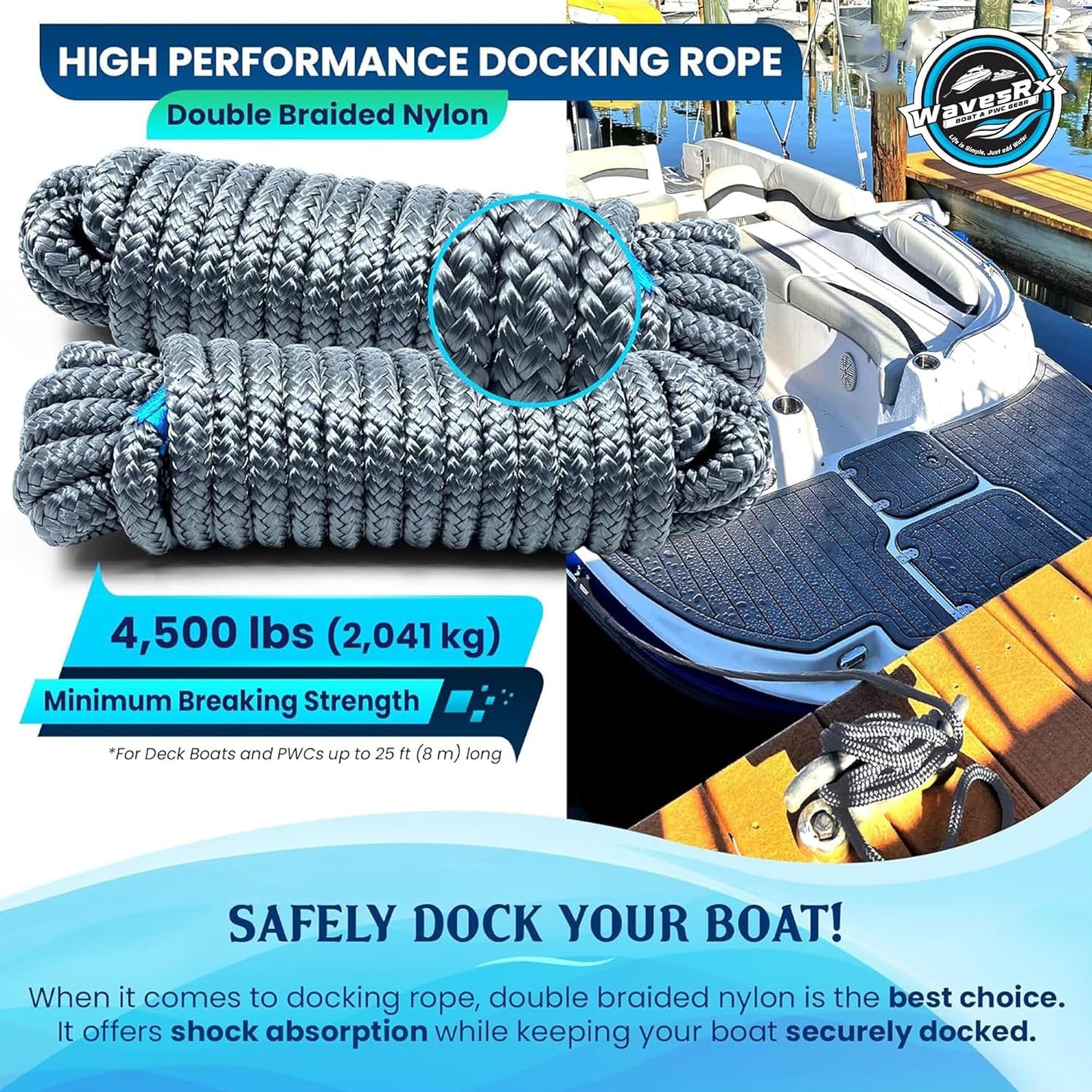 Premium Nylon Boat Dock Lines & Ropes for Docking 3/8'' x 15' | Double Braided Marine Rope & Mooring Line| Boat Ropes for Docking with Loop | UV & Saltwater Resistant Dock Ropes for Boats & Pontoons