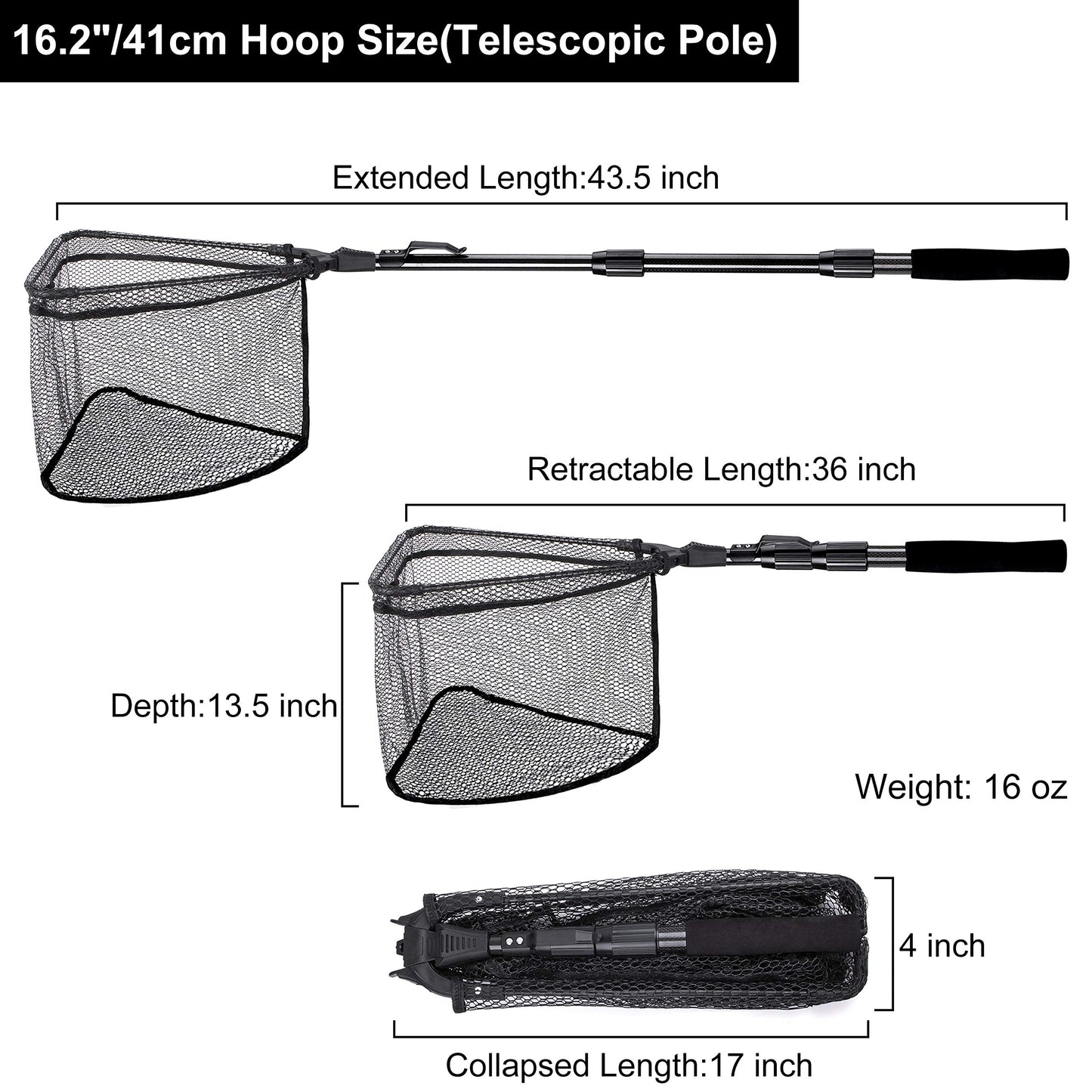 PLUSINNO Fishing Net Fish Floating Landing Net, Kayak Nets with Fixed Foldable Telescopic Pole Handle,Bass Trout Fishing Nets with Nylon Mesh for Pond Lake River,Fishing Gear Gifts for Men,Black 1.2M