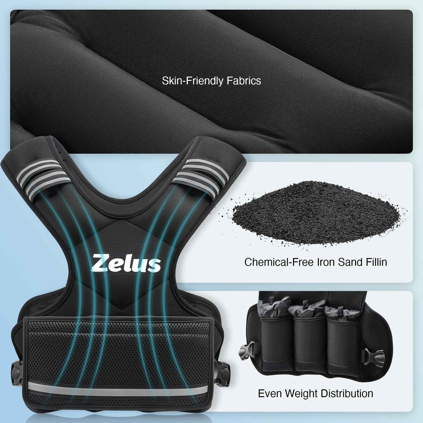 ZELUS Weighted Vest for Men and Women | 4-10lb/11-20lb/20-32lb Vest with 6 Ironsand Weights for Home Workouts | Adjustable Body Weight Vest Exercise Set for Cardio and Strength Training (11-20 lb.)