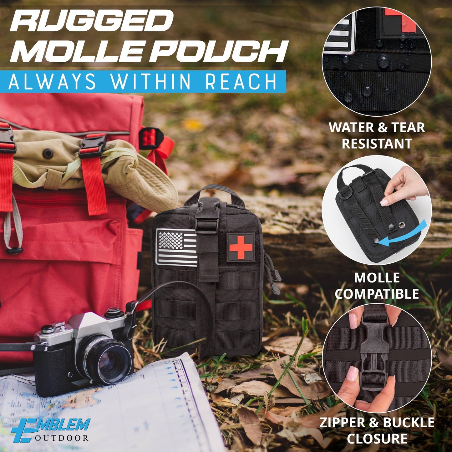 Emblem OD 242 Piece First Aid Survival Kit with Tourniquet | MOLLE Pouch with Paracord | Camping Hunting Hiking and Emergency Preparation | Survival Gear | Car First Aid Kit | Black