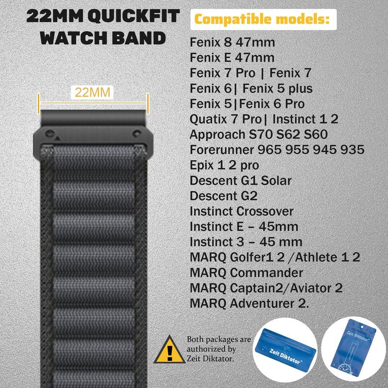 Zeit Diktator 22mm Quickfit Watch Bands compatible with Garmin Fenix 8-47mm 7X Pro/7/6 Pro/5 plus/5/Instinct/Forerunner 965 955 945 935/Epix Pro/Descent G1 Alpine Loop Nylon Watchband For Men-Large