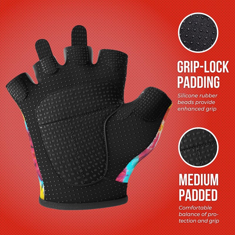 Contraband Pink Label 5347 Womens Designer Workout Gloves | Tie Dye Print w/Grip-Lock™ Silicone Palm (Medium, Rainbow)