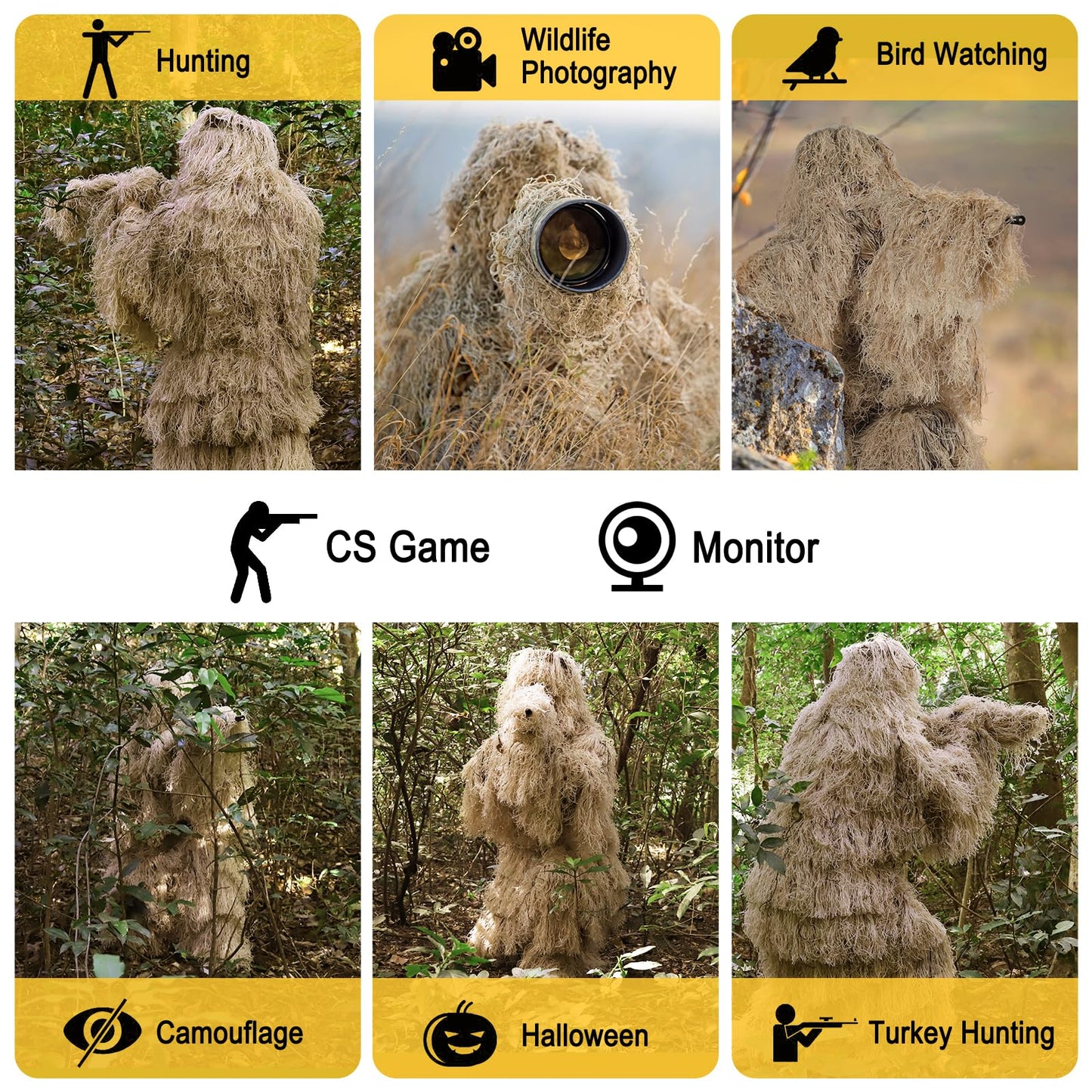 Kalkal Ghillie Suit for Men, 5 in 1 3D Camouflage Hunting Apparel for Men, Double-Stitched Design | Dry Grass, Adults Youth Gilly Suit for Jungle Hunting Wildlife Photography Halloween