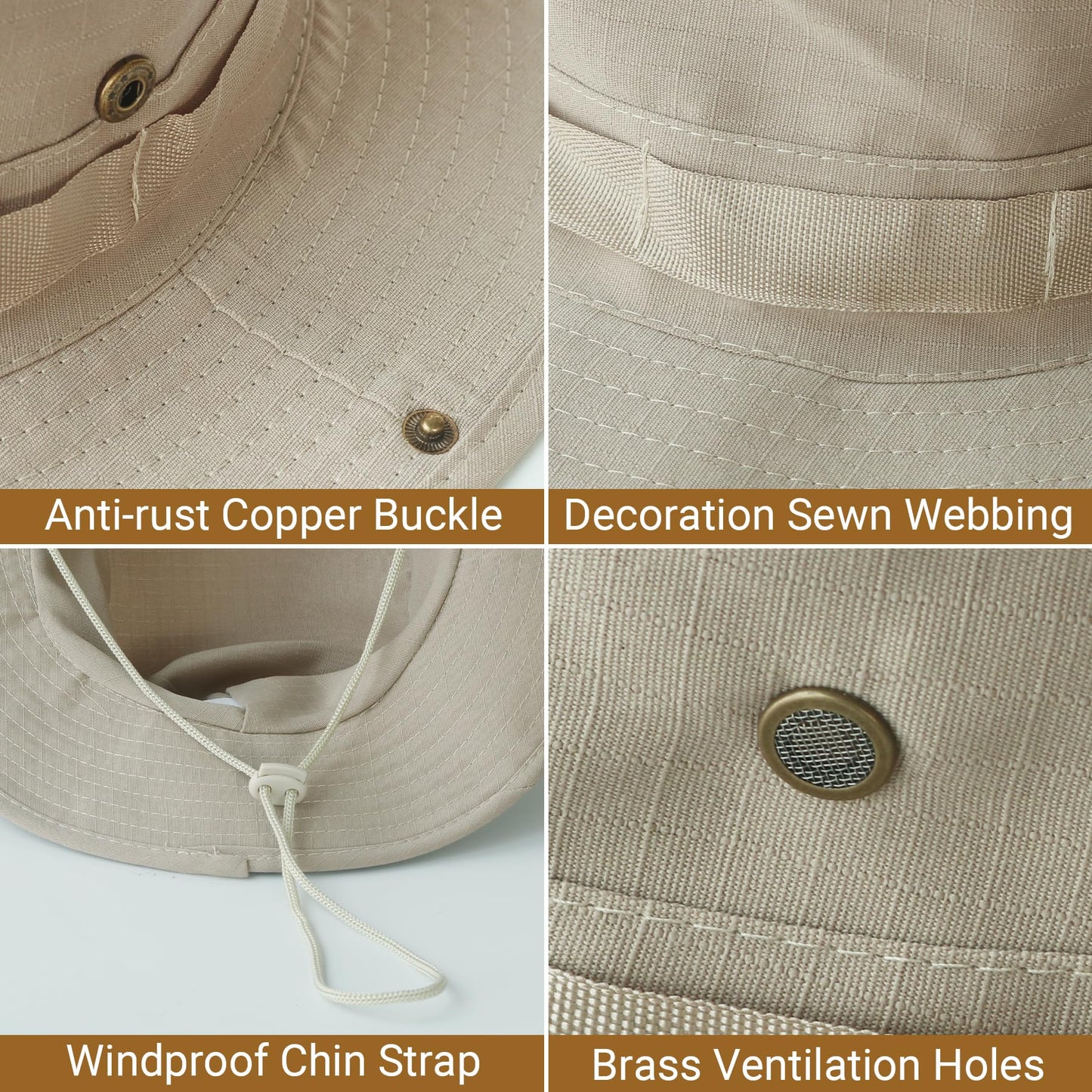 PFFY Sun Boonie Hats for Men UPF 50+ Bucket Hat for Fishing Hiking Safari Hunting Khaki（with Webbing