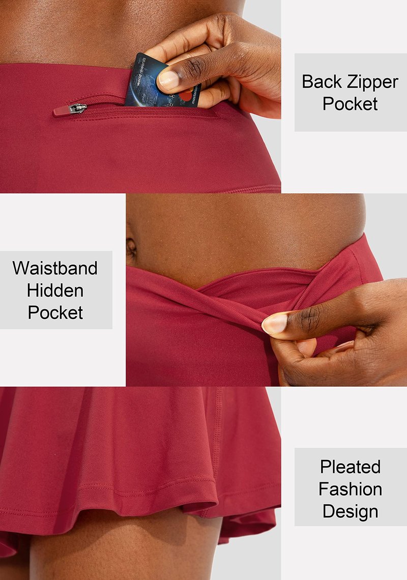 SANTINY Pleated Tennis Skirt for Women with 4 Pockets Women's High Waisted Athletic Golf Skorts Skirts for Running Casual (Red_S)