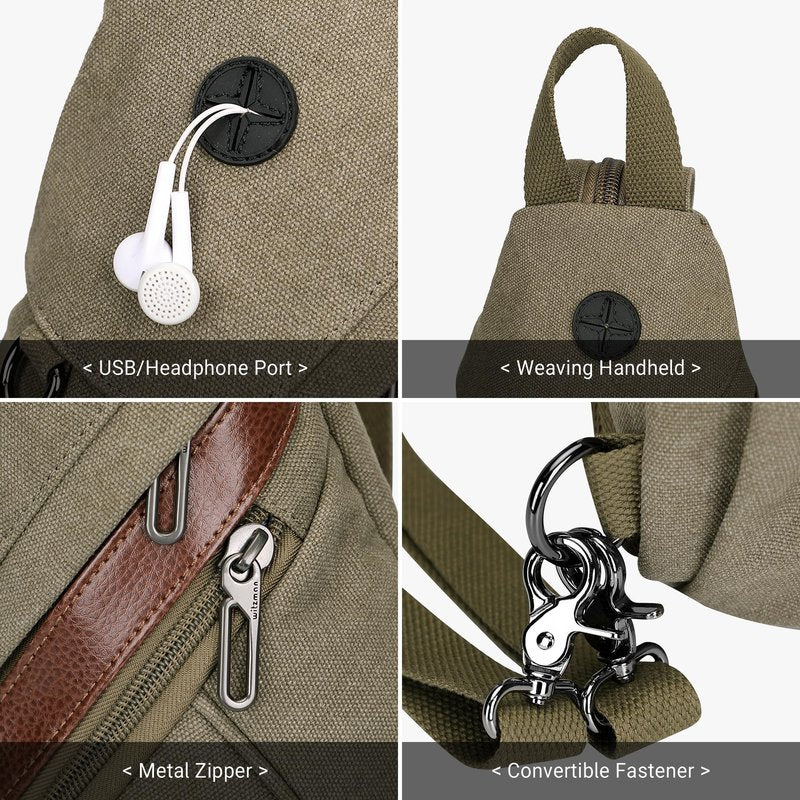 WITZMAN Canvas Sling Bag for Men Women Convertible Sling Backpack Crossbody Vintage Chest Bag Travel Casual Daypack（A8003 Army Green）