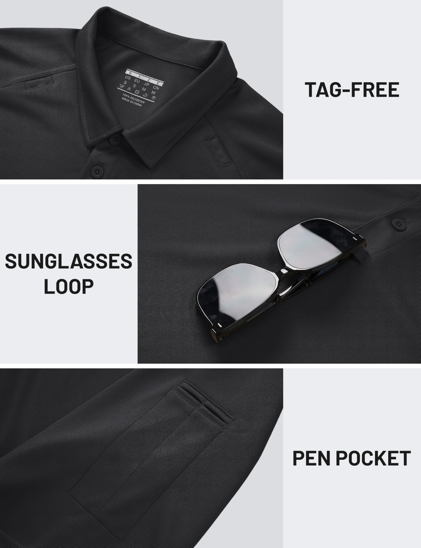 TACVASEN Black Polo Shirts for Men Short Sleeve Dry Fit Breathable UPF 50+ Performance Collared Shirt Summer Work Athletic,L