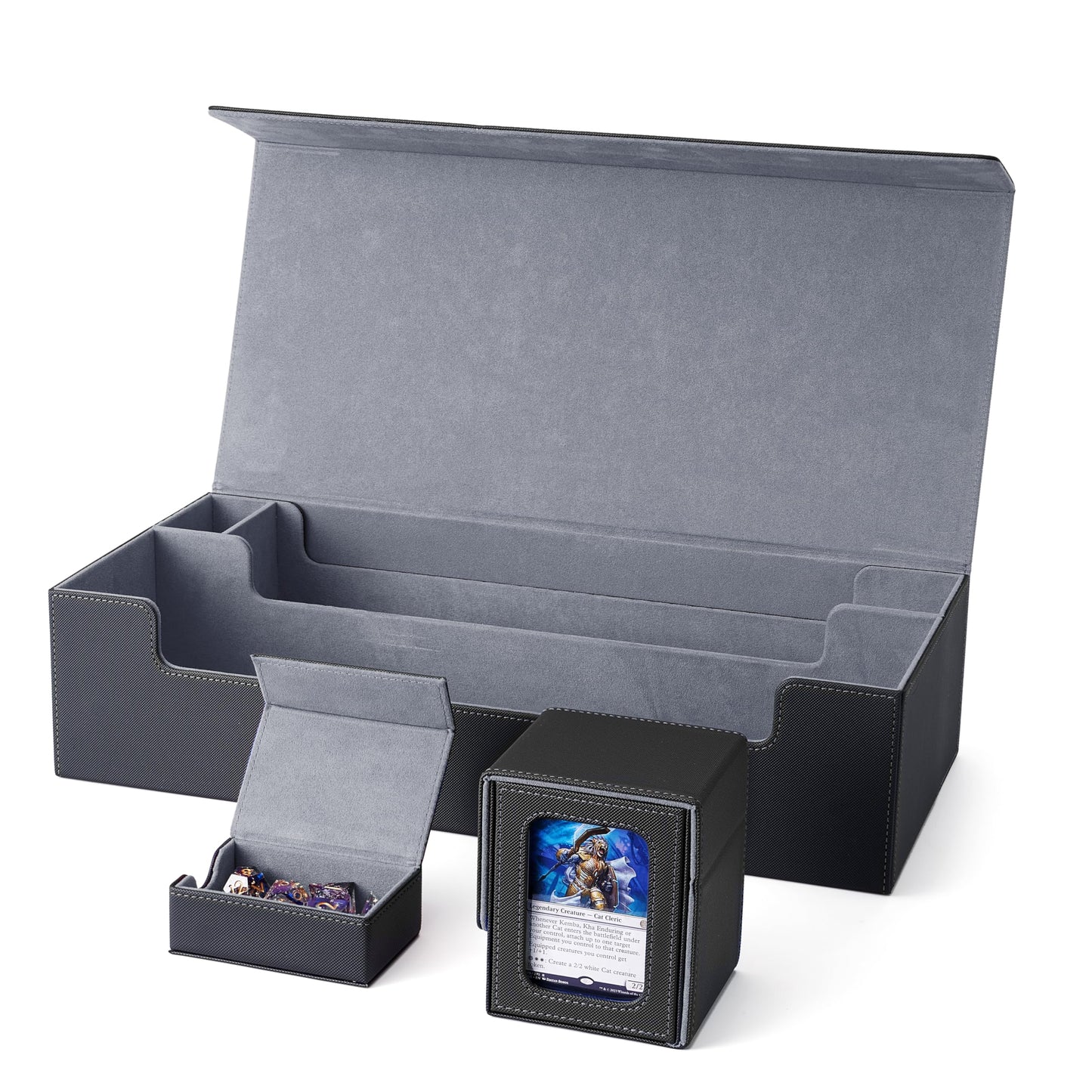 Venssu MTG Deck Box Holds 5 Display Card Deck Boxes with Playmat and Dice Box,Includes 10 colorful dividers and 1 card supporter, Trading Card Storage Box For Magic Game Cards (Black and Grey)