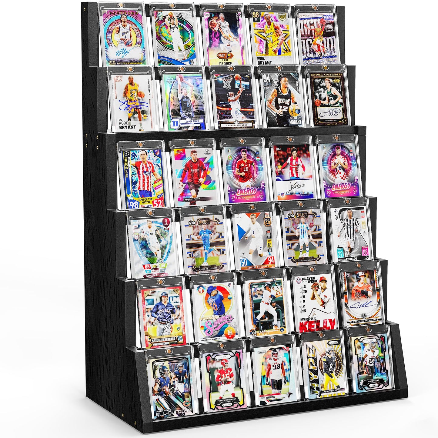 Emfogo Card Display Stand, 6-Tier Trading Card Display, Wood Detachable Graded Card Display with Top Storage, High Capacity Trading Card Display Stand for Collection & Show (Black)