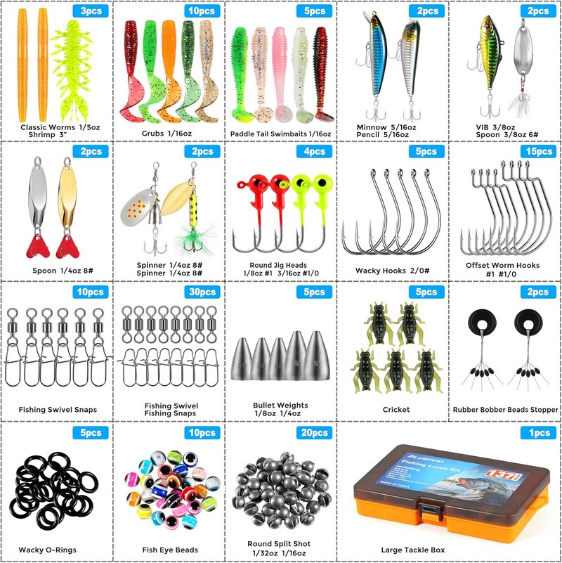 Fishing Lures Kit - 137Pcs Tackle Box with Crankbaits, Hooks & Weights | Freshwater Bait Gear for Men