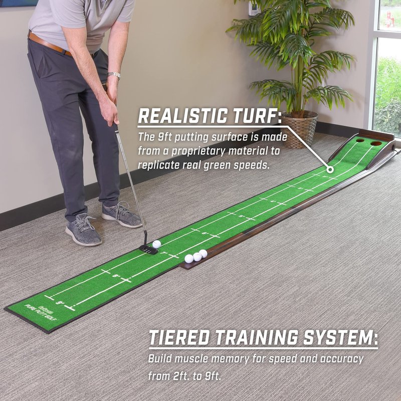GoSports Pure Putt Golf 9 ft Putting Green Ramp - Premium Wood Training Aid for Home & Office Putting Practice, Includes 9 ft Putting Green and 4 Golf Balls