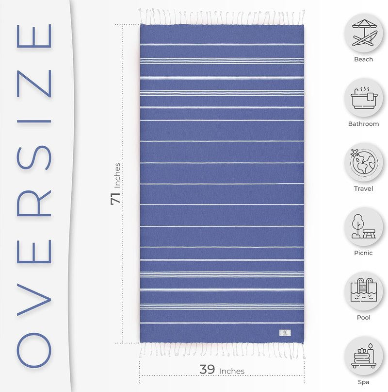Ossano Turkish Beach Towel - Compact Extra Large Quick-Dry Towel | Versatile for Yoga, Travel & Bath - Sax Blue (39" x 71")