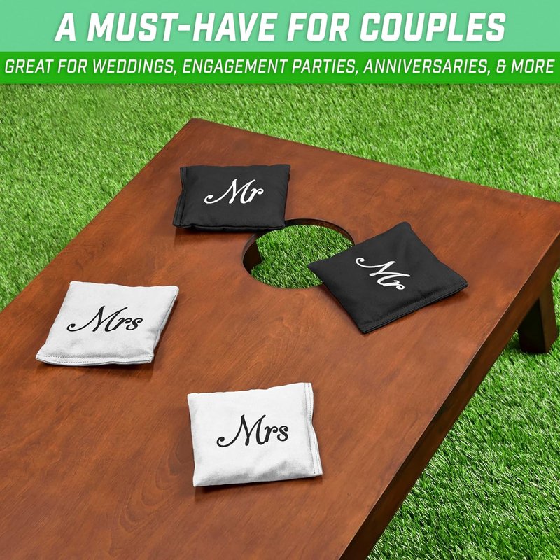 Wedding Cornhole Bag Set - 4 Black Mr Bags & 4 White Mrs Bags | Perfect for Wedding Games