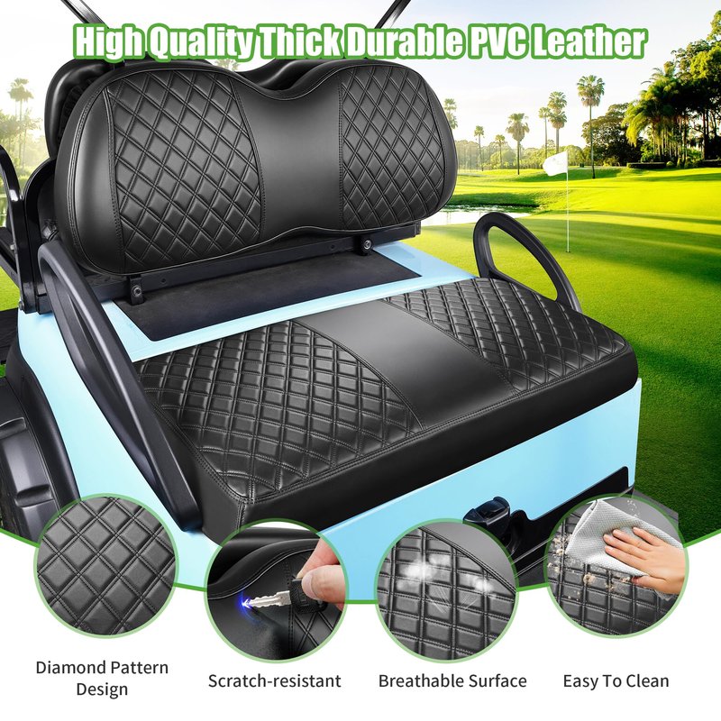 10L0L Golf Cart Seat Covers for Club Car Precedent,Diamond Pattern,Vinyl Leather with Adjustable Straps and Retractable Buckle, No Stapler Needed Black