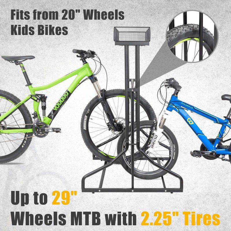 CyclingDeal 3 to 5 Bike Floor Parking Rack with Storage Basket - for Storing 20"-29" MTB Road Hybrid Kids Bikes - Bicycle Storage in Garage at Home